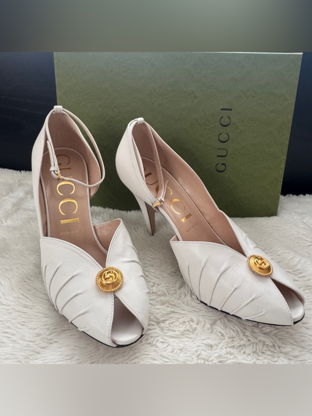 Gucci Ivory Peep-Toe Ankle-Strap Heels with Gold Medallion - Picture 4 of 10
